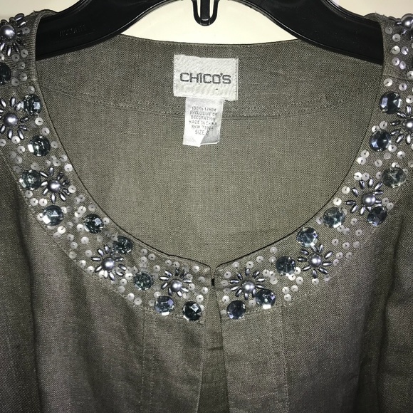Chico's Khaki Green Sequin Beaded Open Front Linen Jacket - Picture 4 of 5